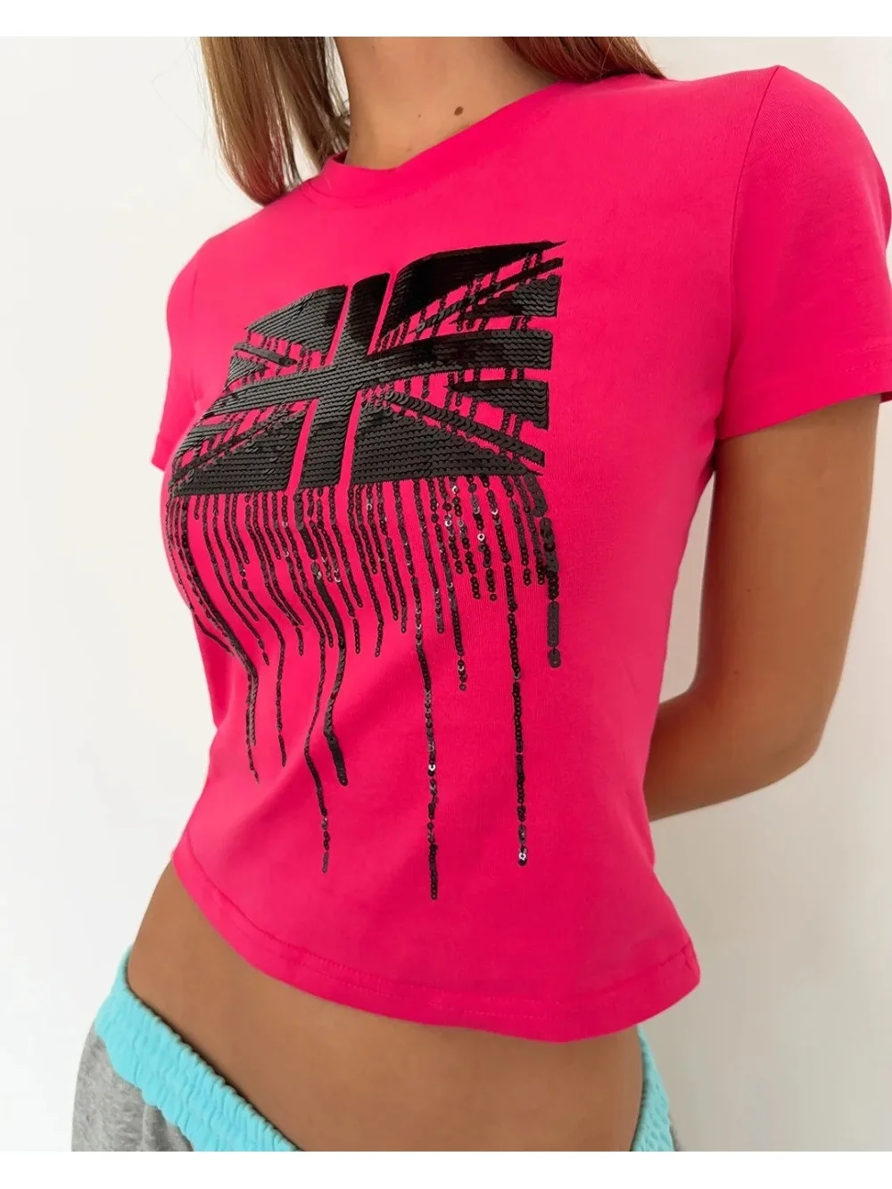Y2K retro spice girl style short sleeve T-shirt, British casual fashion, sequin design, short slim sexy, Spring/Summer T-shirt.