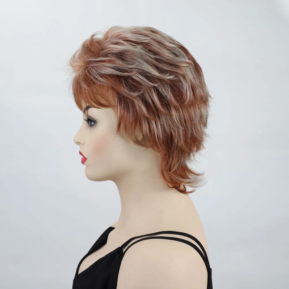 باروكة نسائية قصيرة مجعدة منفوش بني أشقر مزيج من الألياف الاصطناعية المقاومة للحرارة قطعة شعر منفوشة مسبقًا للحفلات اليومية #4