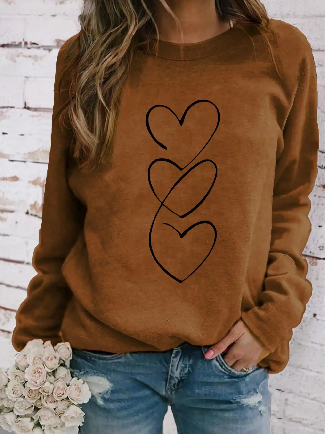 

Women's Casual Brown Sweatshirt with Heart Print, Autumn Winter Long Sleeve Top