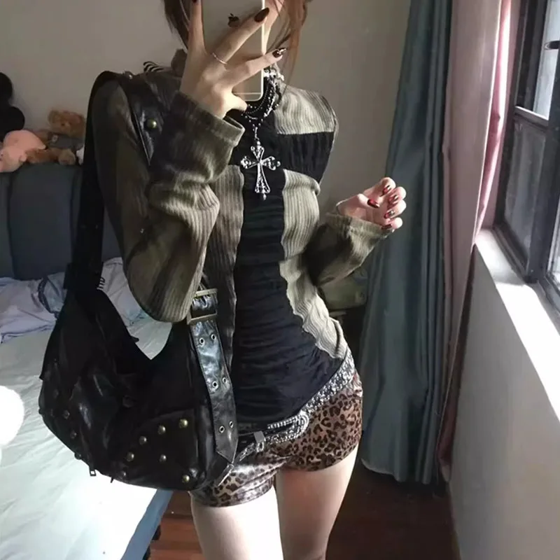 

2025 Autumn Camisetas Blusas Contrast Punk Long Sleeve Tops Vintage Casual Y2k ClothingTrendy Fashion Street Wind Fall Clothes