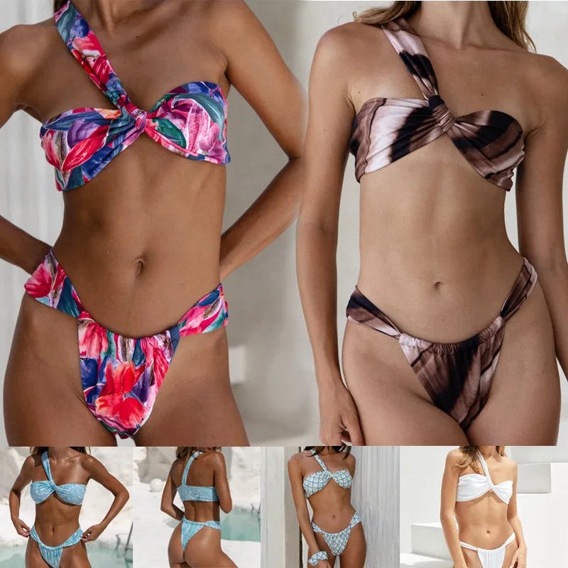 

Sexy cross-neck single room halter tube top print split bikini swimsuit suit women's 2025 new model