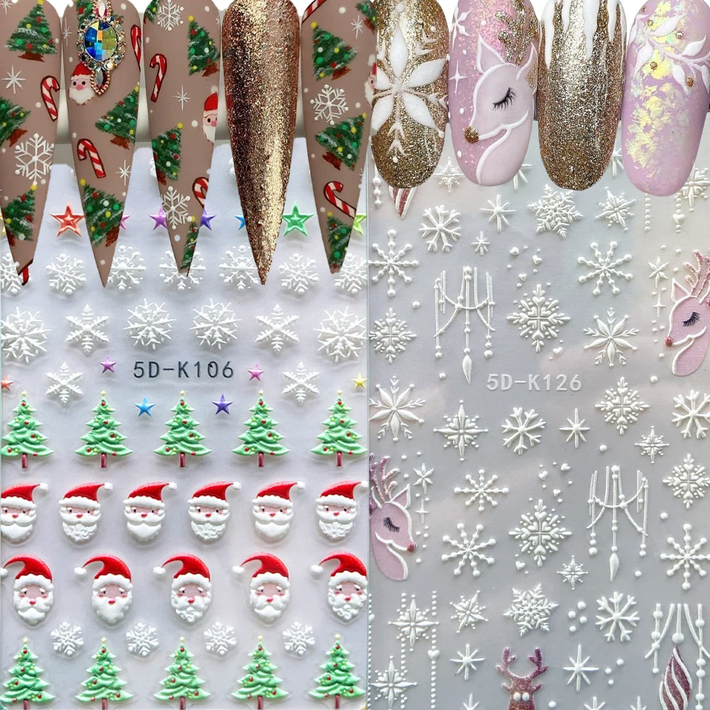 1Pc Christmas 5D Relief Nail Stickers Santa/Gingerbread/Xmas Tree/Elk New Year Winter Snowflakes Nail Art Decals Adhesive Decor