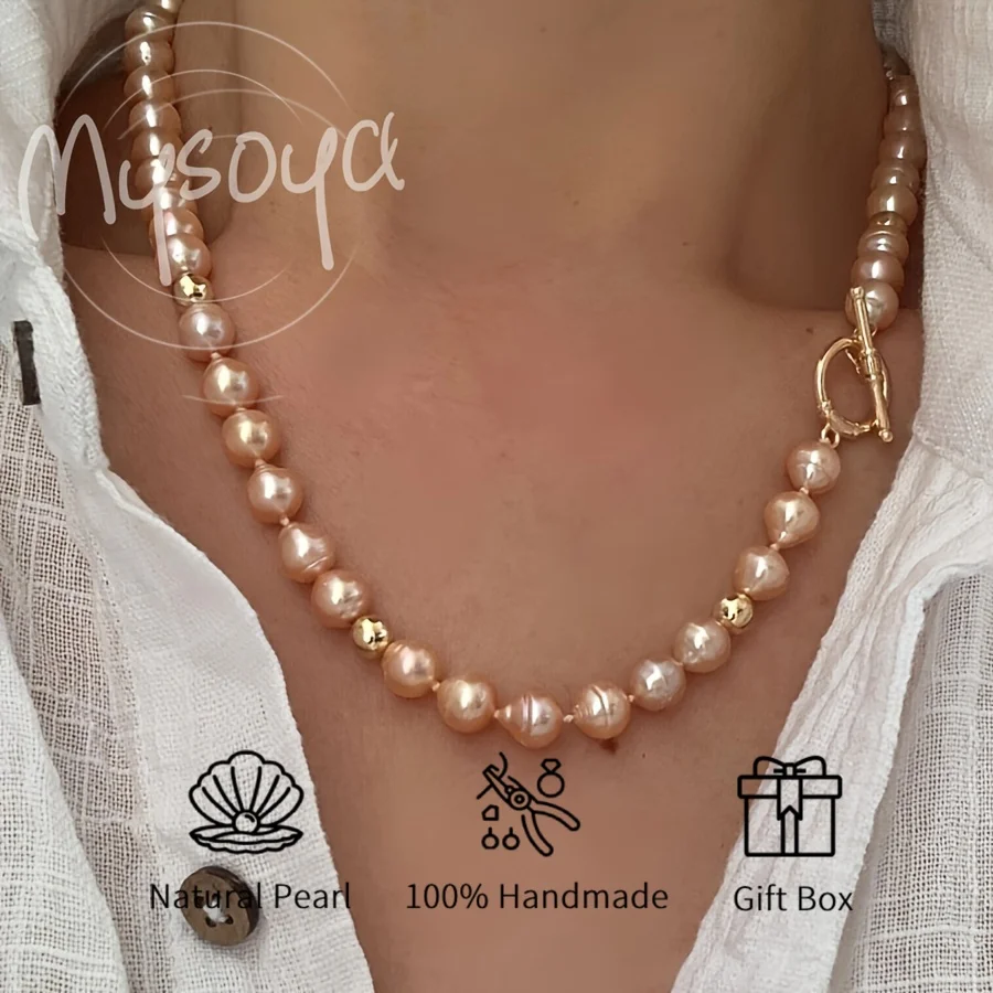 

Mysoya Pink Freshwater Pearl Necklace with Gold-plated S925 Sterling Silvery Beads and Golden-plated Ot Clasp for Weddings