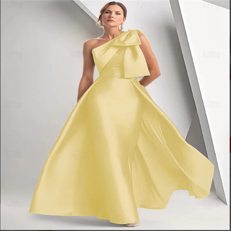 

Вечернее платье трапециевидной формы Элегантное вечернее платье длиной до пола без рукавов на одно плечо Осеннее атласное платье для гостей на свадьбу с бантом по индивидуальному заказу