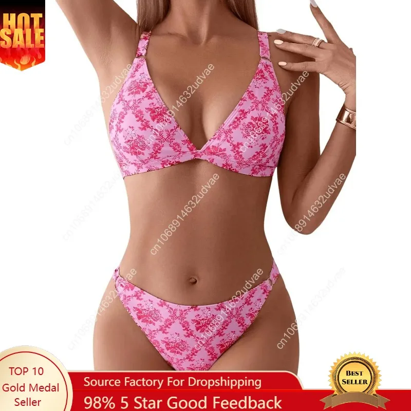 

ZAFUL Women's 2 Piece Floral Print Swimsuit Triangle String High Cut Bikini Sets Bathing Suit