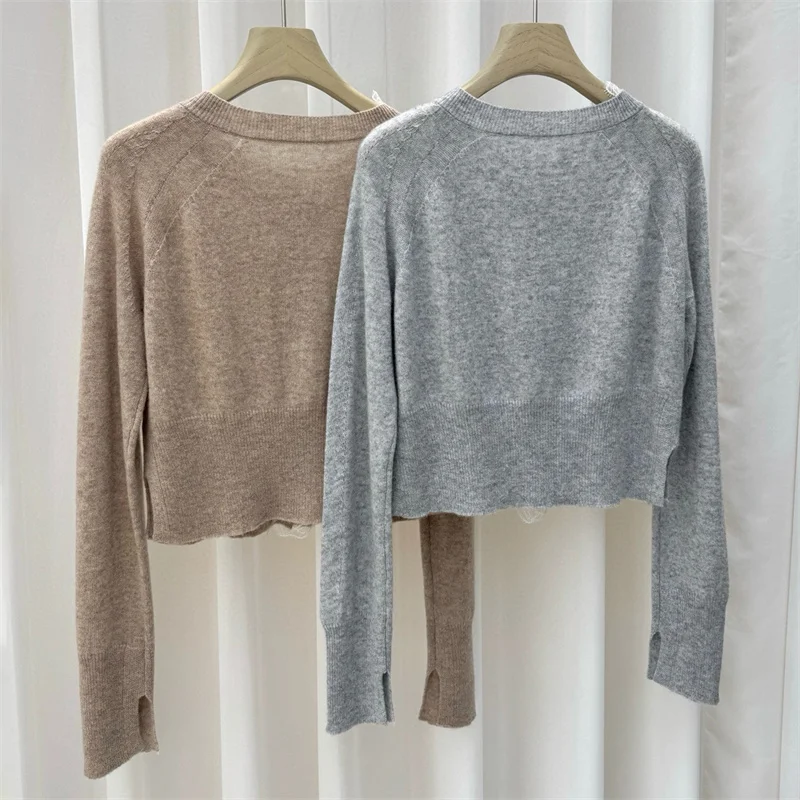 여성용 가디건 새로운 신축성 니트 슬림 긴팔 탑 2025년 가을 레이스 패치워크 니트웨어 울 혼방 여성 스웨터