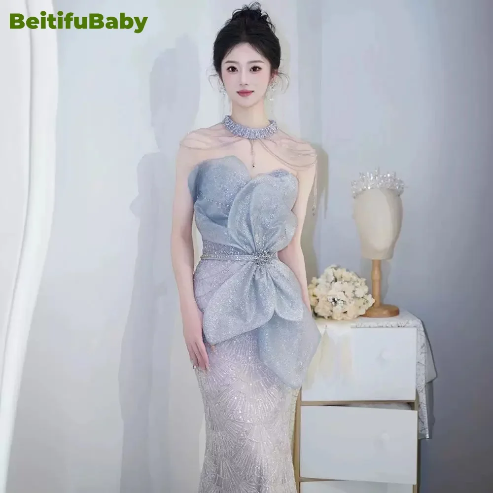 Beitifubaby vestidos de noite para mulheres elegantes senhoras vestido de banquete sem alças arco luz luxo fishtail saias lantejoulas vestido de