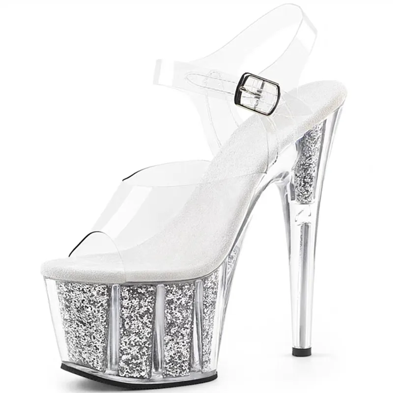 17cm High Heels Crystal Transparent Sandals Waterproof Platform High Heels Steel Pole Dance Show Shoes Thin Heel Ultra High H...
