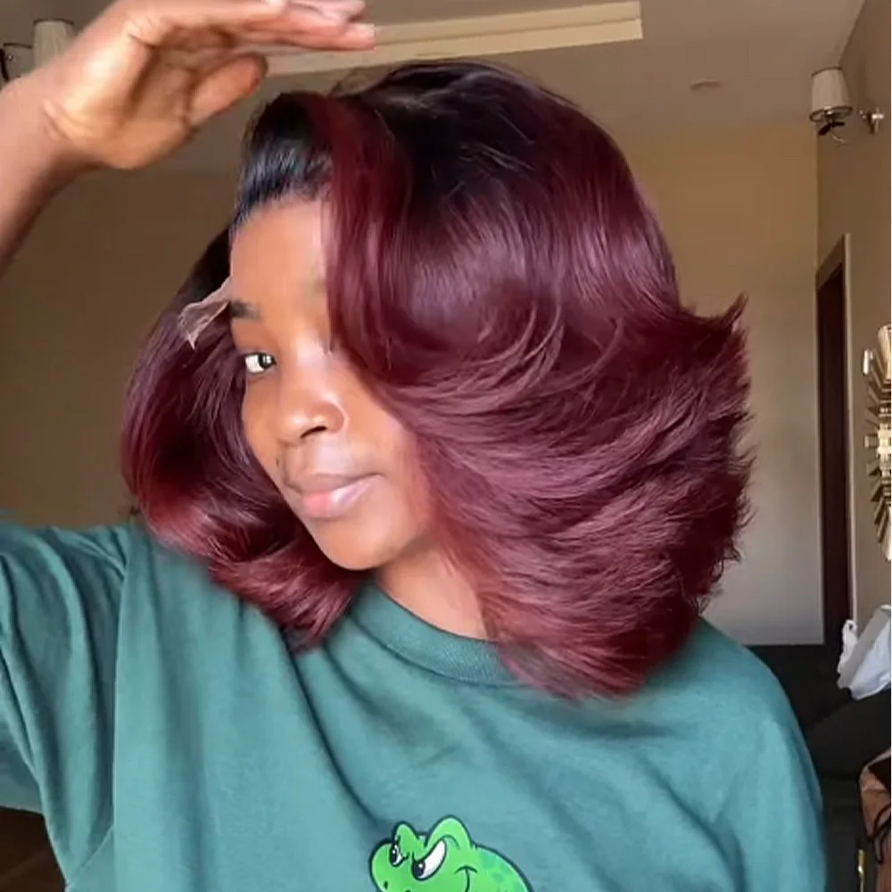 بورجوندي شفاف الدانتيل أمامي خصلات الشعر المستعار الإنسان 400 الكثافة غلويليس 1B/الأحمر 99J الجسم موجة خصلات الشعر المستعار الإنسان للنساء 10-18 بوصة