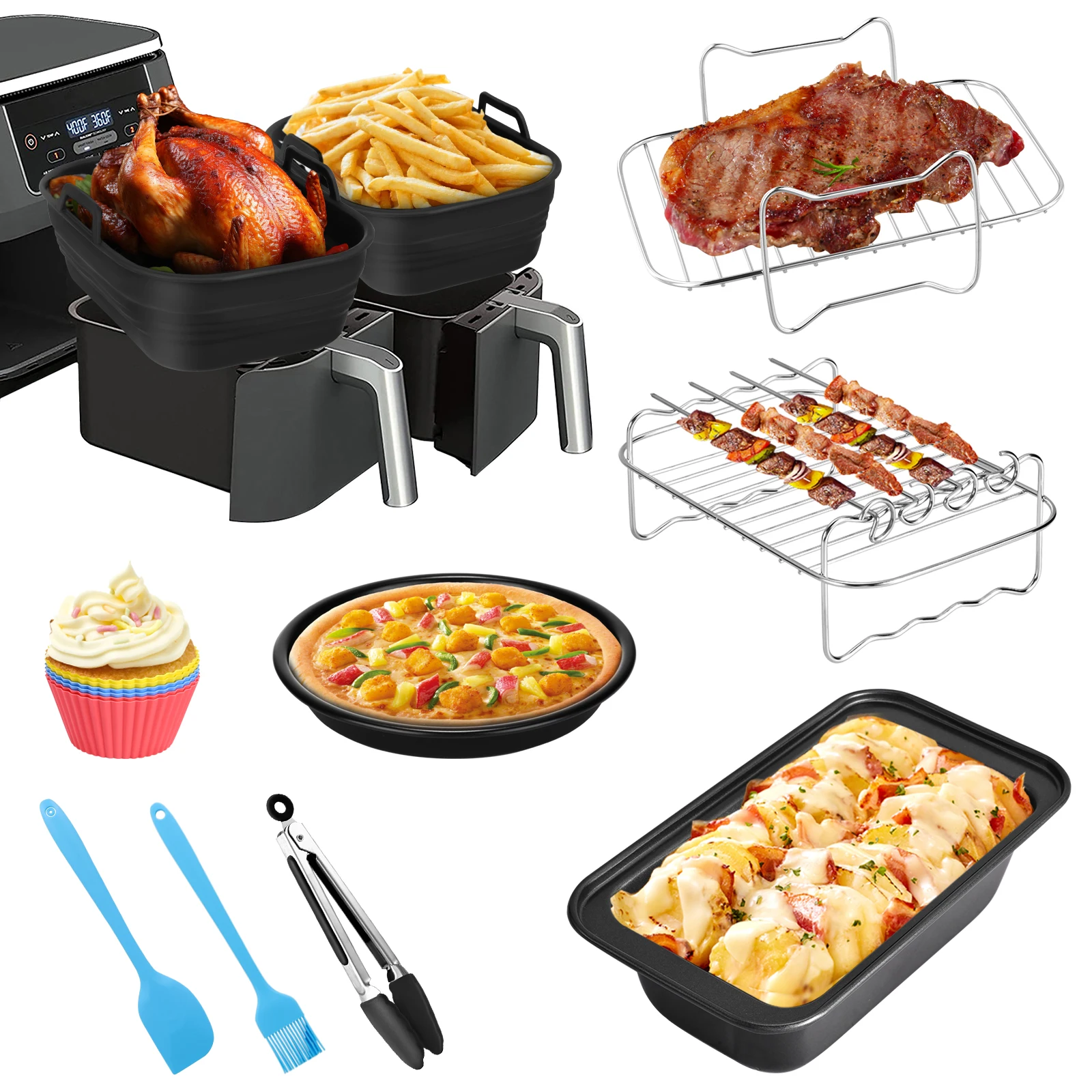 19pcs Air Fryer Accessories Silicone Mold barbecue skewers cake/pizza pan spatula for Niaja AF400UK Double Air Fryer 5-6L XL