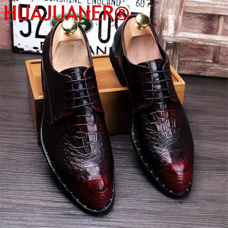 Men's Crocodile Dress Leather Shoes Lace-Up Wedding Party Shoes Mens Business Office Oxfords Flats Plus Size Men Fashion