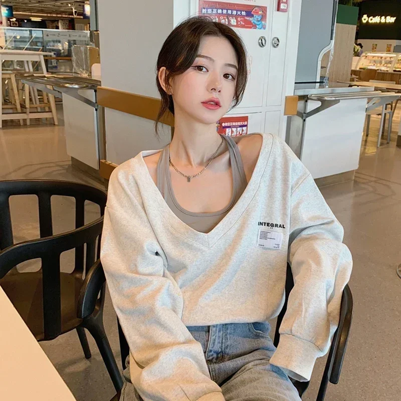 Palsu dua Hoodie pakaian wanita lengan panjang V-neck kasual Fashion Y2k atasan 2025 Ropa Mujer Off Shoulder Korea Y2k kaus