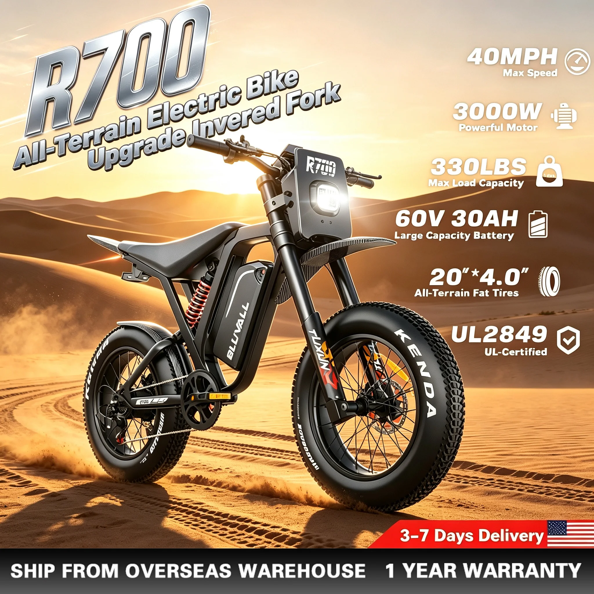 Bluvall R700 Pro Peak 3000W  125N.m Motor Electric Dirt Bike, 40MPH Top Speed, 60V 30Ah Battery Electric Bicycle For Teen, 20 Inch All-Terrain Fat Tire Electric Bike, Inverted Fork, Full Suspension & Hydraulic Brakes UL2849 E-Bike