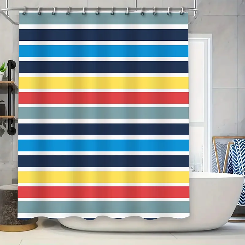 

Яркая занавеска для душа с синими, желтыми, красными полосками, декоративный водонепроницаемый коврик для ванной, подвесные аксессуары для ванной комнаты