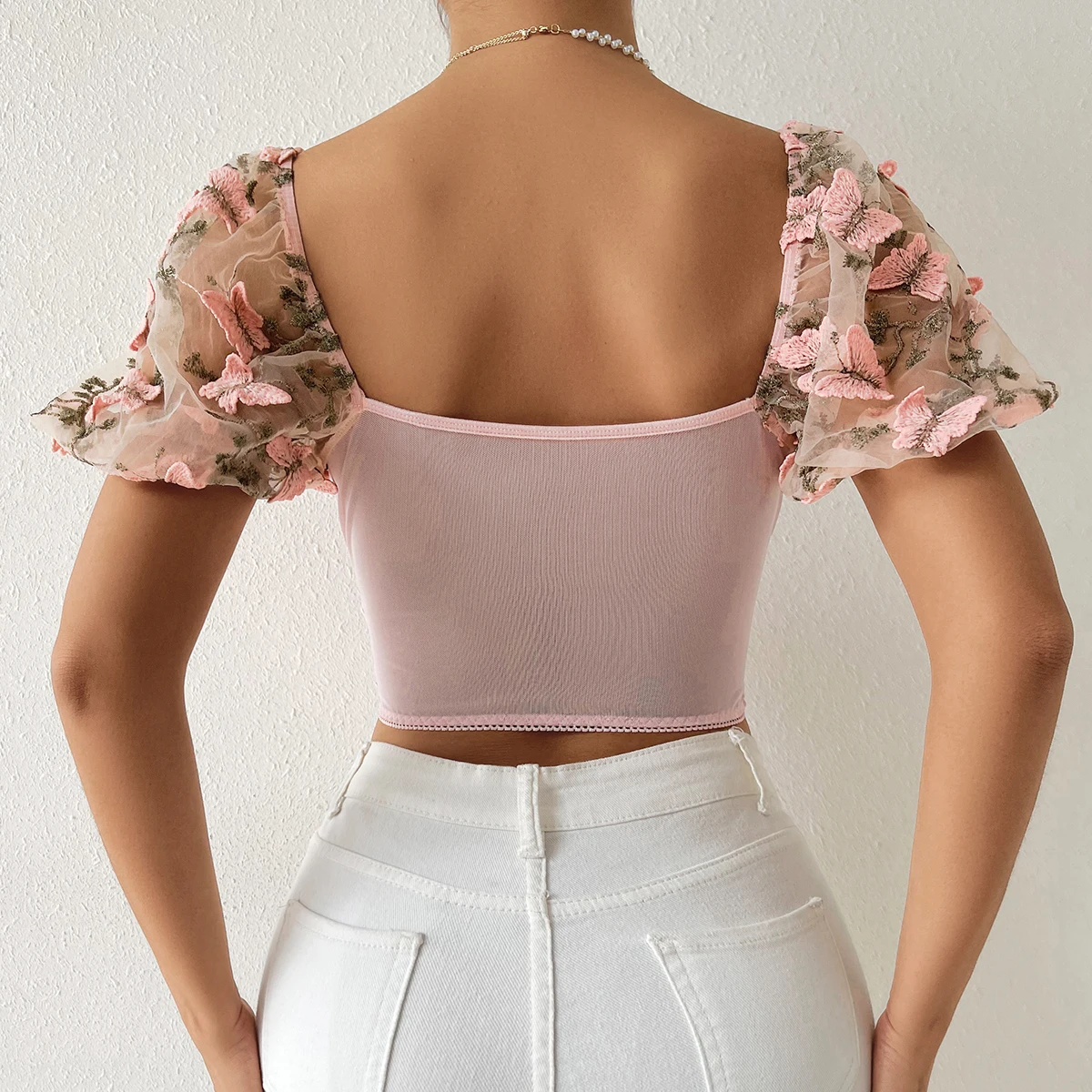 New Ins Sexy Mesh See-Through Crop Top Butterfly Embroidery T-Shirt Street Style Puff Sleeve Lace Hollow Backless Blouse