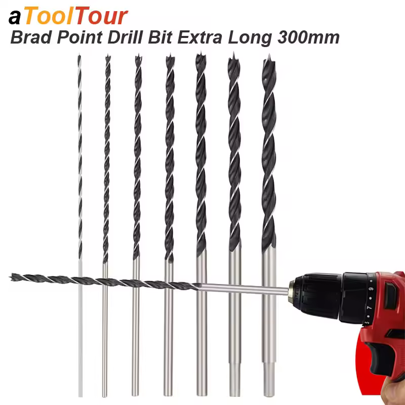 Brad Point Drill Bit Set Extra Long 300mm Center Locator Twist Carbon Steel Woodworking for Hardwood Plywood Plastic Aluminum