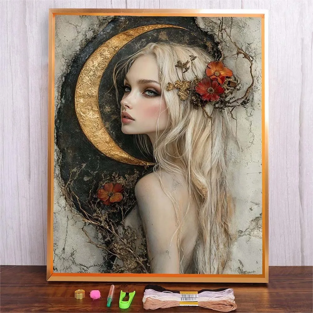 

Cross Stitch Kit Printed Canvas 14ct 11ct Cotton Thread Embroidery DIY Moon Women Needlework Kits Kitchen Wall Decoration