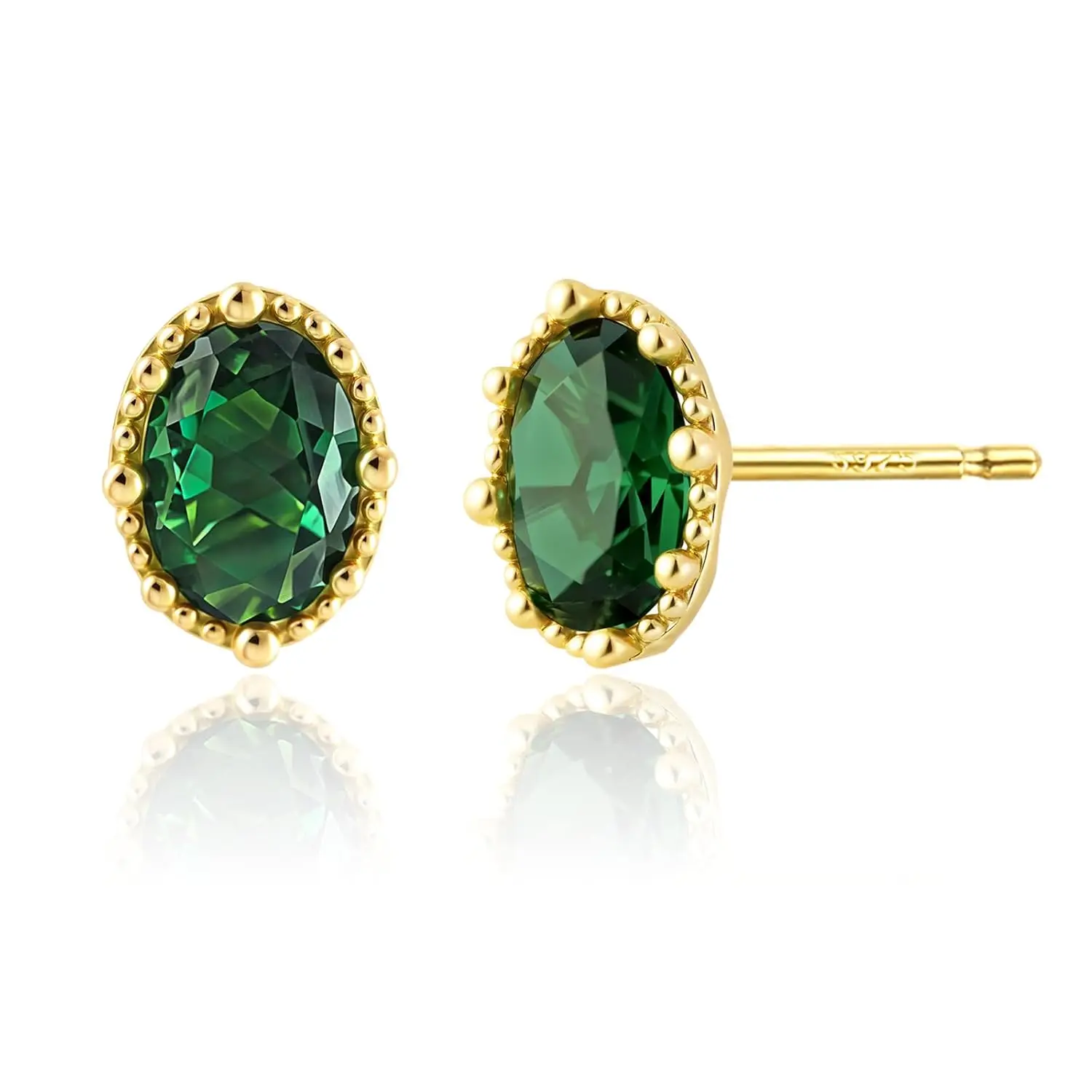 

Sterling Silver Oval Emerald Stud Earrings, 14K Gold Plated, May Birthstone Jewellery, Vintage Style