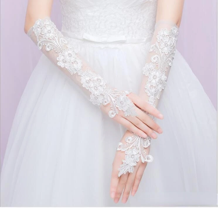 I più nuovi guanti da sposa al di sotto del gomito senza dita Applique in pizzo accessori per abiti da sposa guanti da sposa