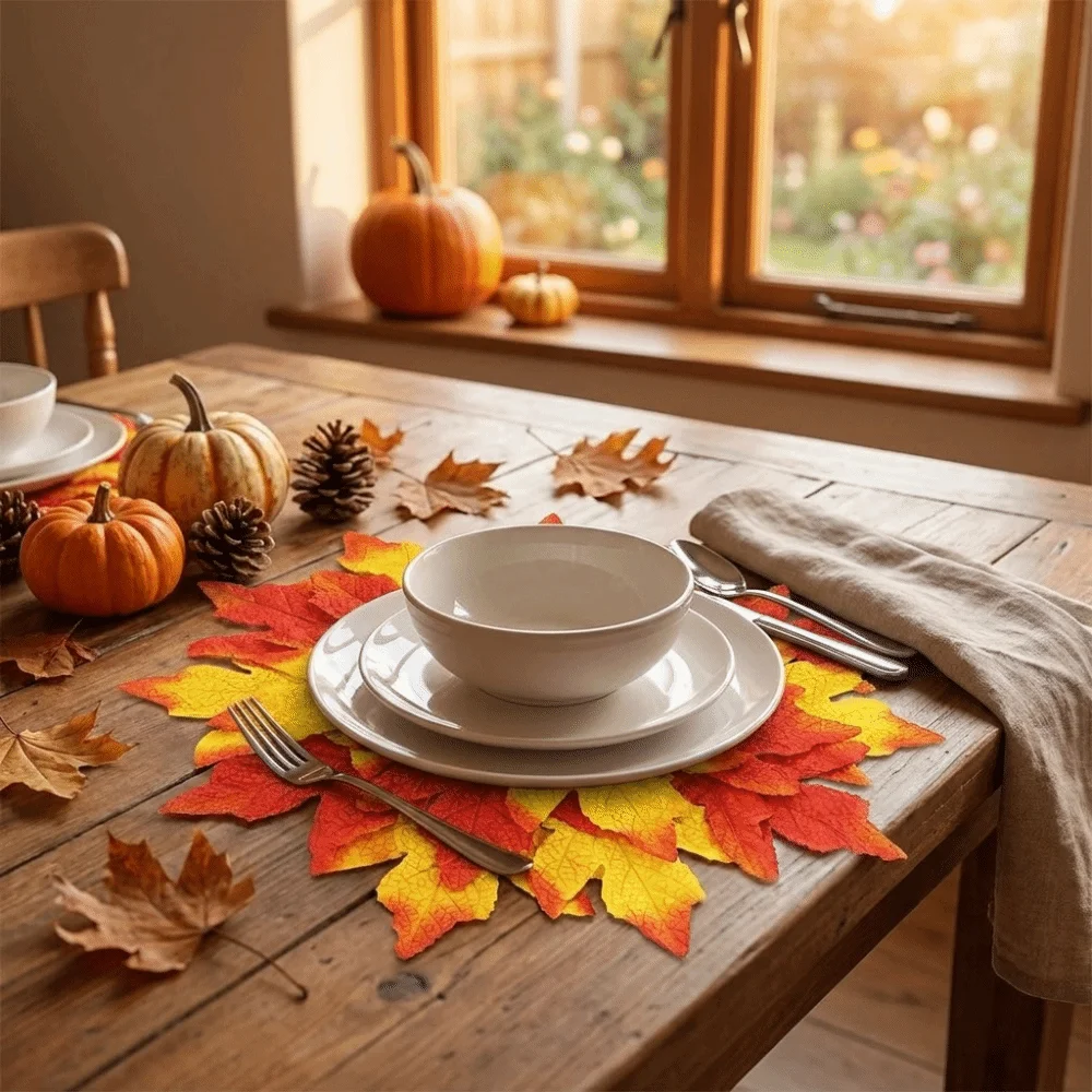 Absorbent Simulated Maple Leaf Meal Mat Heat-resistant Quick Dry Thanksgiving Decorative Placemat Flocked Fabric Cup Mat Kitchen