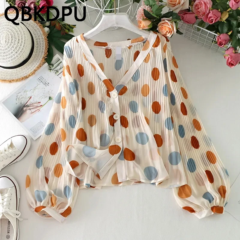 

Women Korean Kawaii Chiffon See Though V Neck Single Button Full Puff Sleeve Tulle Tops Ladies Summer Sexy Chic Elegant Tees