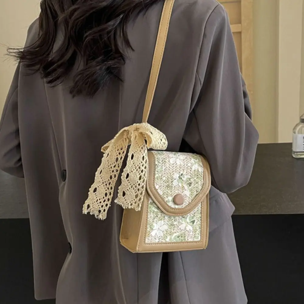 

Women Beach Shoulder Bag Woven Straw Crossbody Bag Casual Lace Phone Pouch Portable Handbag Mini Purse