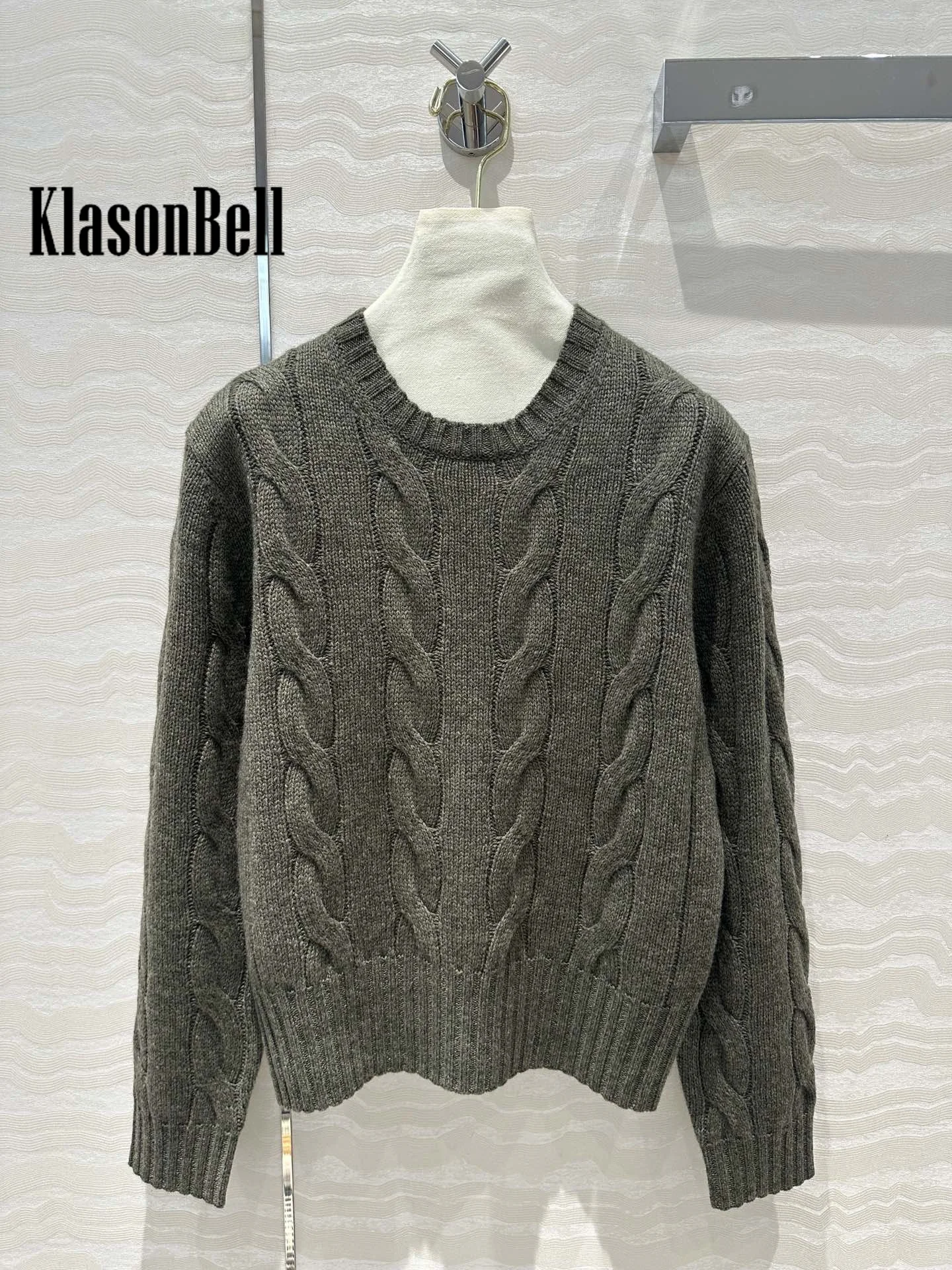 8.18 KlasonBell Women Cashmere Knit Keep Warm 2 Piece Set O-Neck Twist Flower Pullover Sweater + High Waist Straight Pants