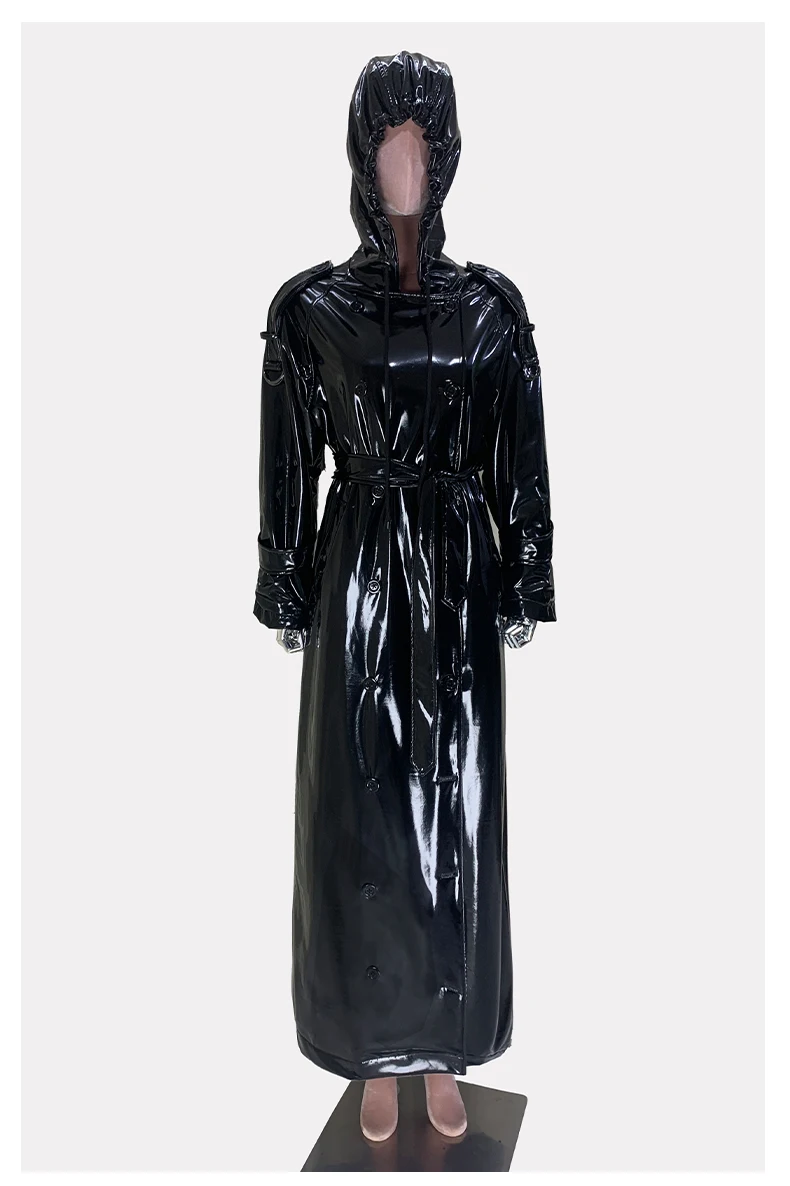 Nerazzurri Autumn Extra Long Shiny Black Soft Patent Pu Leather Trench Coat for Women with Hood Double Breasted European Fashion