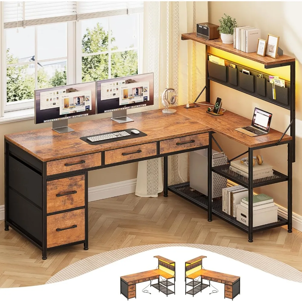 

L Shaped Computer Desk with 5 Drawers and Storage Shelves, Reversible Gaming Desk with with LED Lights, Power Outlets,