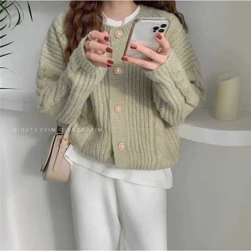 Słodki sweter damski New Single Breasted Loose Casual Knit Cardigans Autumn Winter O-Neck Solid Colors Sweater Chic Jumpers