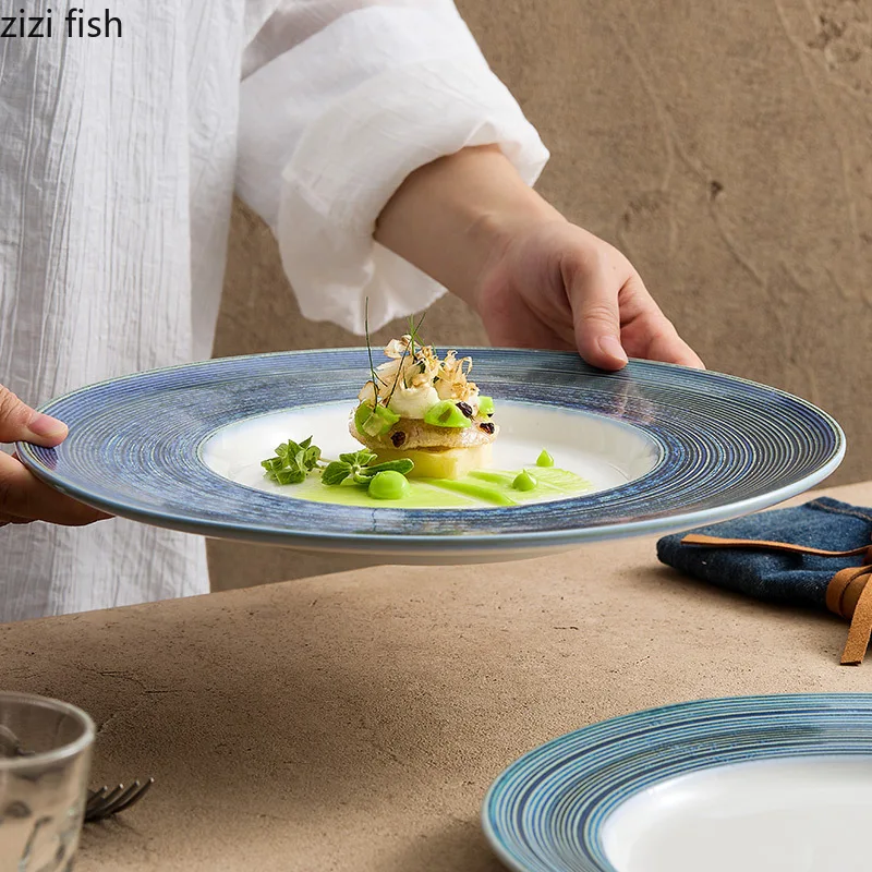 

Flame-Killed Blue Brushed Plate Ceramic Steak Plate Dessert Pasta Plate Serving Plates Restaurant Molecular Cuisine Tableware