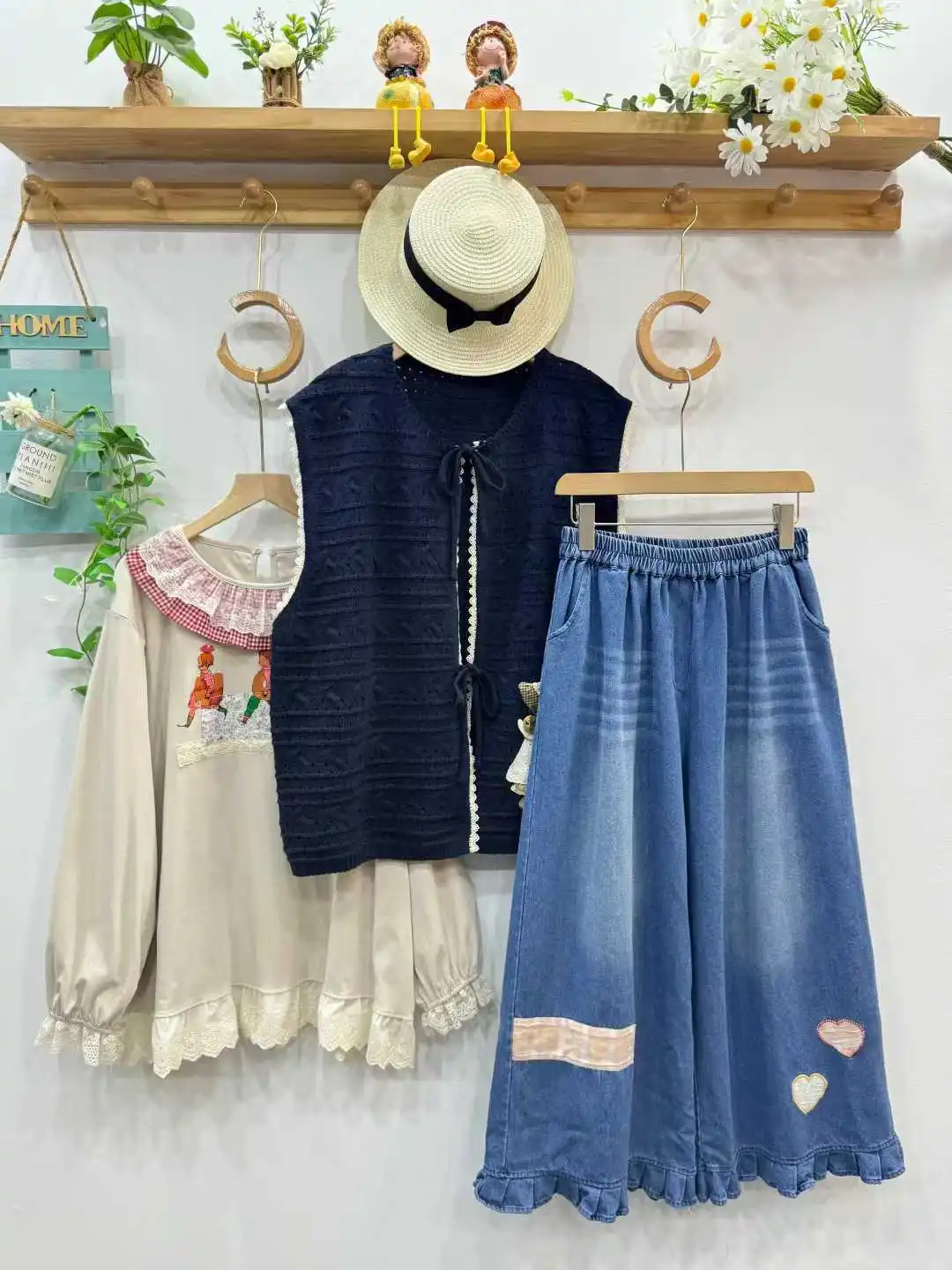 New 2026 Spring Cotton Denim Trousers, Women Elastic Waist Ruffles Patchwork, Mori Girl French Sweet INS Wide Leg Jeans B5D827CC