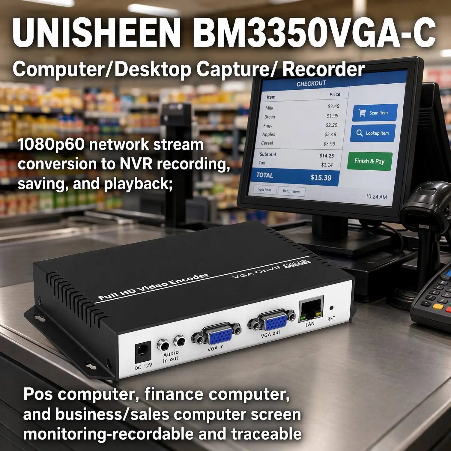 UNISHEEN BM3350VGA-C Recorder NVR Transmit Compus Computer Monitor Live Streaming WebRTC RTSP SRT ONVIF IP VGA Video Encoder