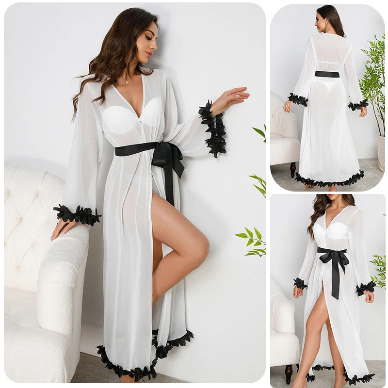 

Women Pajama Summer Robe Sexy Mesh Semi-Transparent Bathrobe Long Sleeved Petal patchwork Nightgowns Wedding Dresses Sleepwear