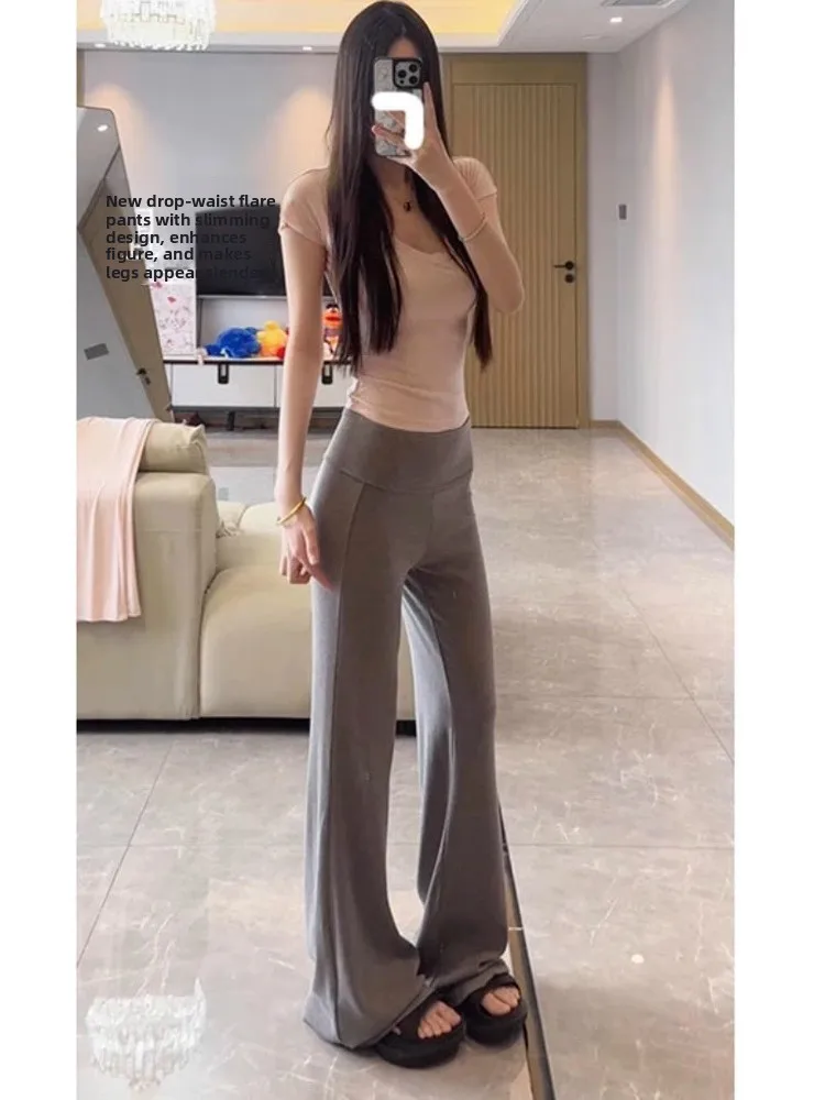 Letnie, cienkie, oddychające spodnie z drapowaniem, z wysokim stanem, szerokie nogawki, spodnie do jogi, długie do ziemi, efekt wyszczuplający, koreańskie, swobodne spodnie.