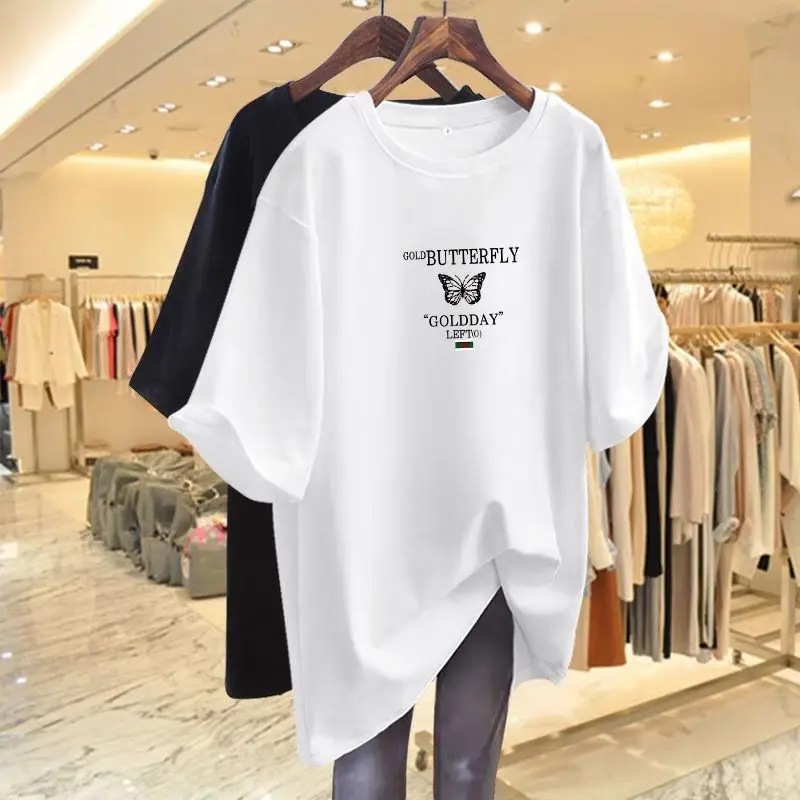 

Women Simple Loose T-shirt Summer Basics Pure Cotton Short Sleeve Pullover Lady O-neck Butterfly Letter Printed Top Tees