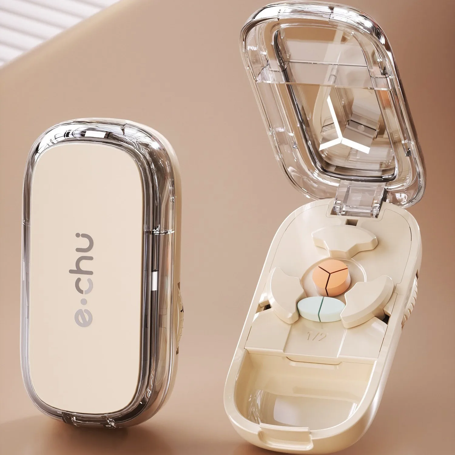 فاصل حبوب الدواء المحمول صندوق تخزين الأدوية المنزلية قطع حبوب 1/2 مع وظيفة توسيط ومحاذاة دقيقة