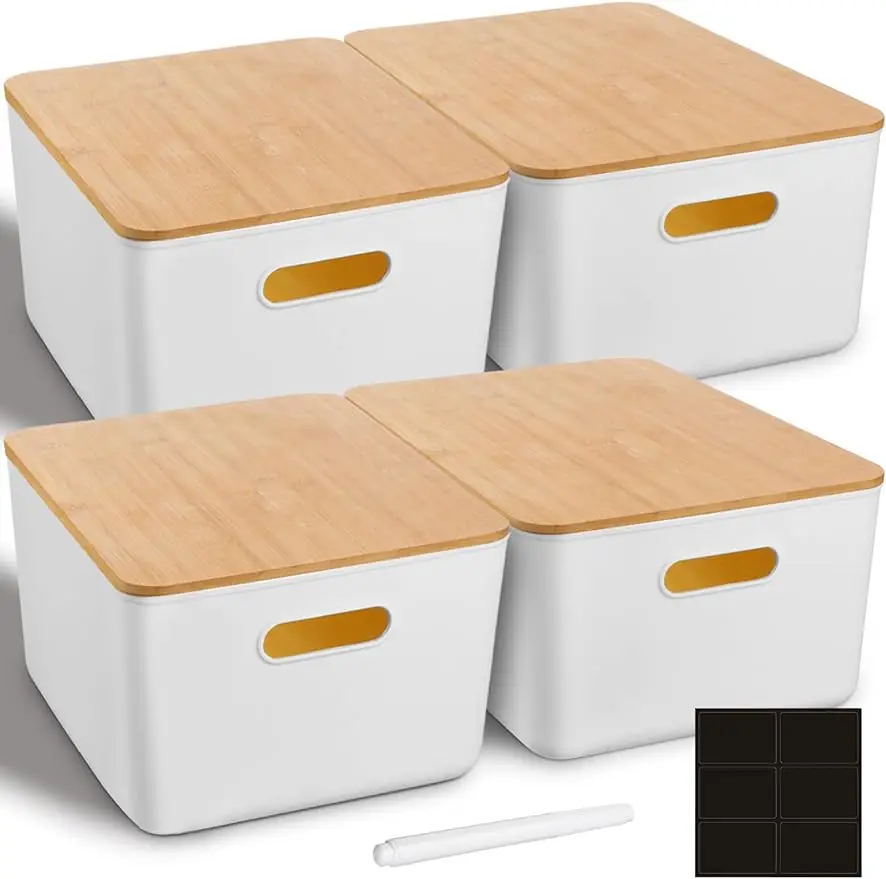 

4 Pcs Storage Bins with Bamboo Lids Plastic Storage Containers Stackable Storage Box Bins with Handle for Shelf Bedroom Of