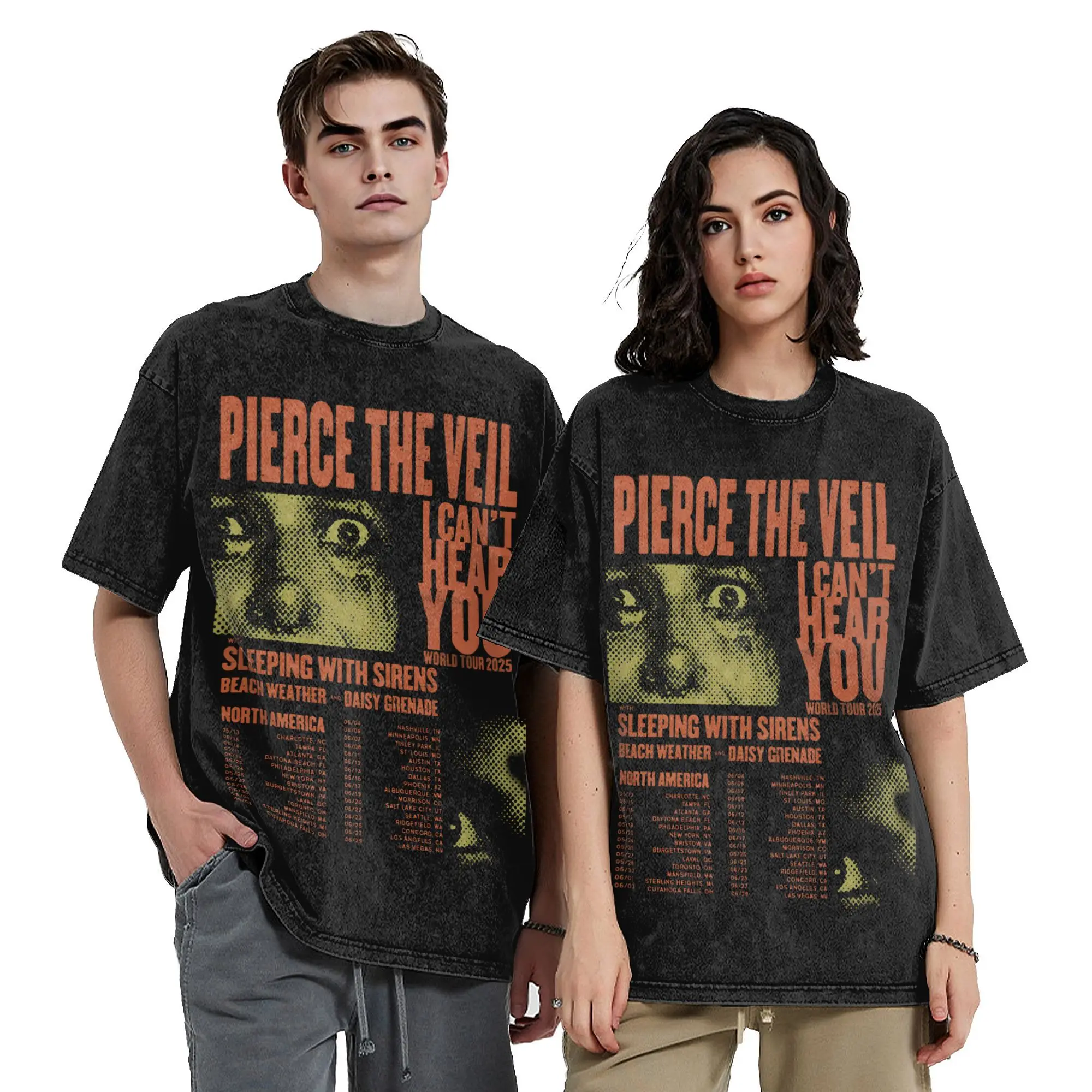 Pierce The Veil I Can’t Hear You World Tour 2025 T Shirt Vintage Rock Band Washed Style For Men Women Cotton Tee Shirts Clothes