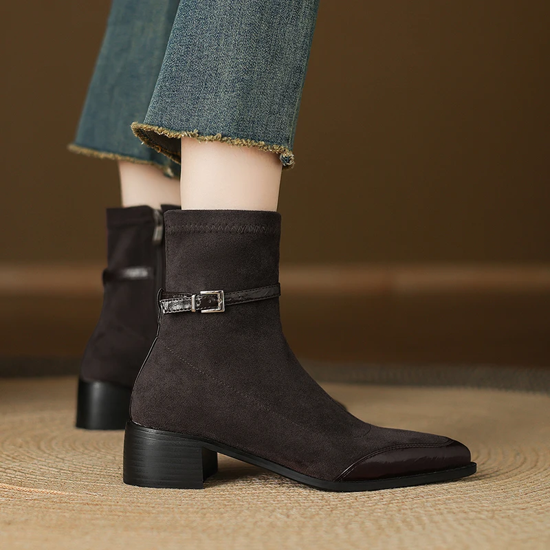 2026 Square Buckle Suede Solid Color Boots for Women, Fashionable and Elegant Side Zipper Mid-length Boots, Sizes 33-43