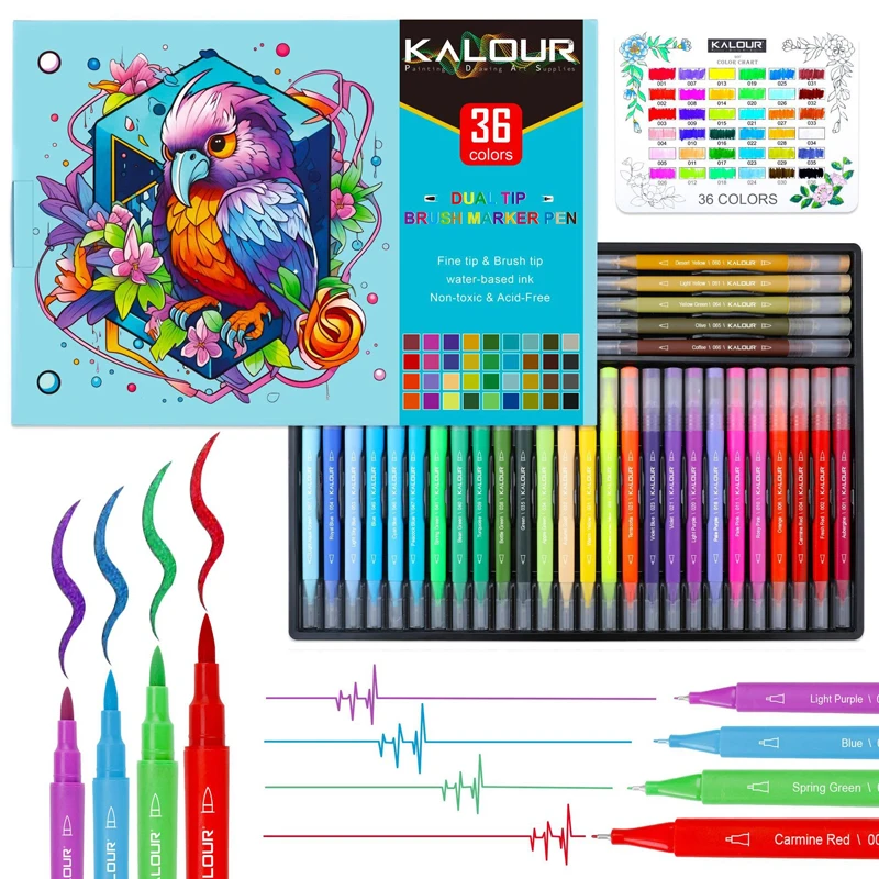 KALOUR 36 Color Double Headed Aqueous Mark Pen Set 0.4mm/1-4mm Flexible Brush Tip,For Children's Painting Coloring Art Supplies