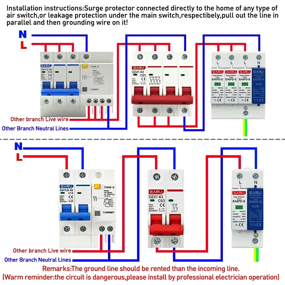 2P 4P AC SPD 1P+N-PE 20KA 40AK 50KA T1 T2 275V 385V House Surge Protector Protective Low-voltage Arrester Device