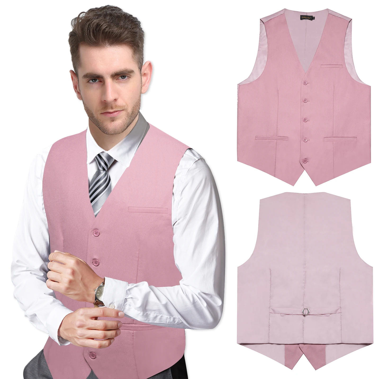 Exquisite Pink Casual Men\'s Vest Fashion Necktie Handkerchief Fromal Slim Fit Dress Waistcoat for Man Wedding Business Free ship