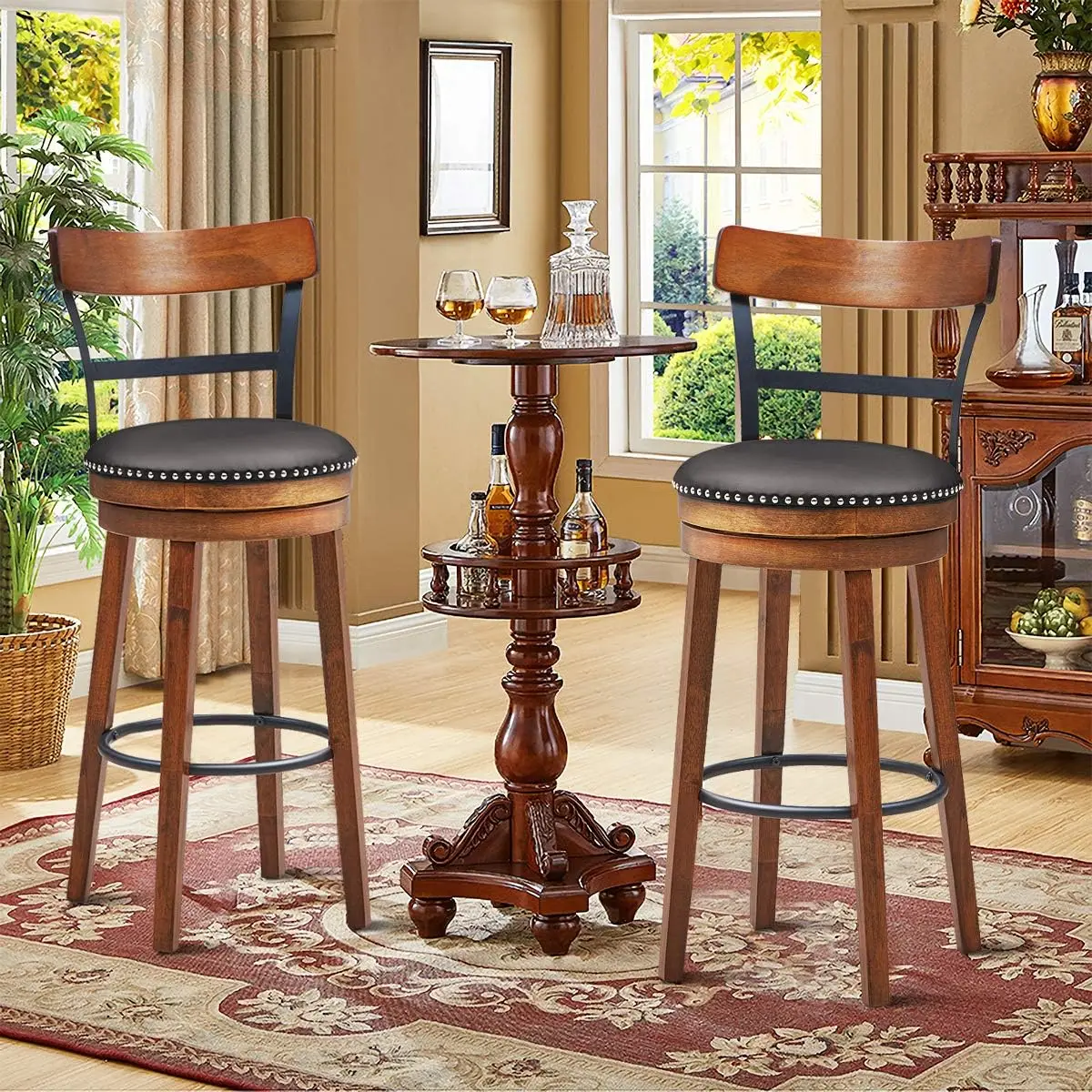 Costway Bar Stools Set Of 2, 360-Degree Swivel Stools With Leather Padded Seat, Single Slat Ladder Back & Solid Rubber Wood