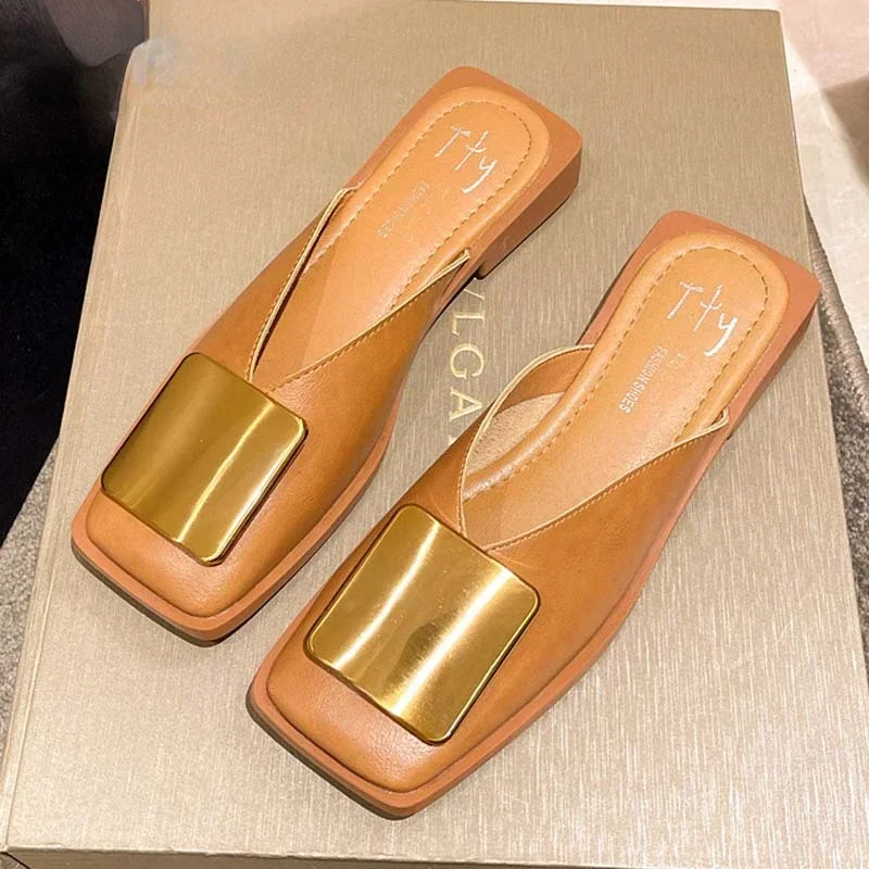 Women's Slippers Fashion Metal Buckle Mules for women Flat Heels Square Toe Shallow Shoes Outdoor Slides Female Casual Sandals