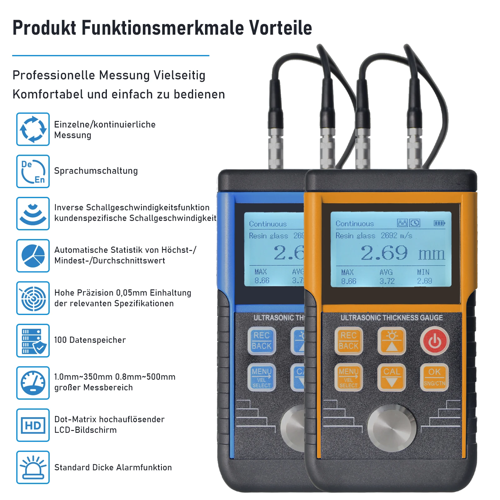 Imagem -02 - Holdpeak Digital Ultrasonic Espessura Medidor Pintura Espessura Tester para Metal Vidro Pvc Acrílico T9130s 1.0350 mm