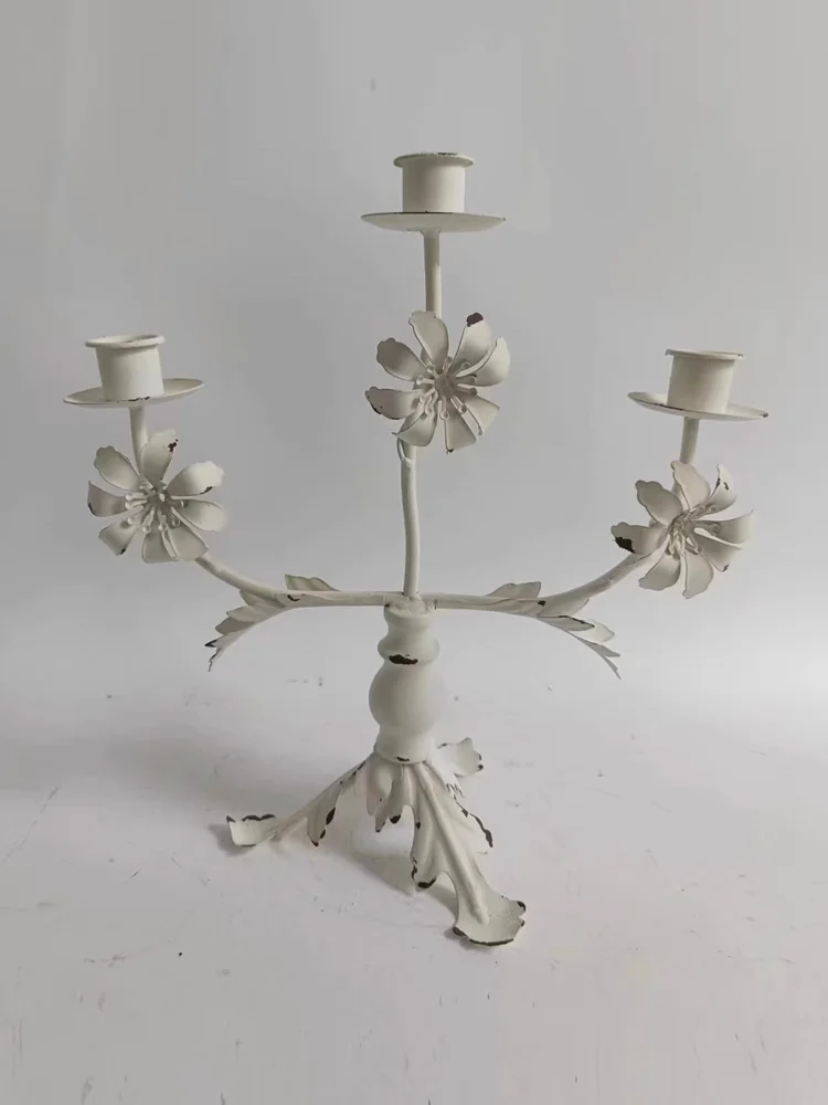 Steady Thick Metal Vintage Handcrafted White 3 Arms Candle Holder Candelabra with Floral Accents