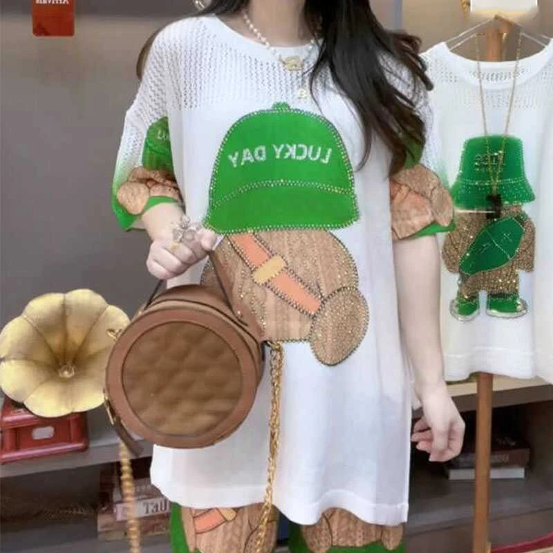 Cartoon Shorts Suit Women 2024 Summer New Backpack Hat Bear Hollow Rhinestone Short Sleeve T-shirt Loose Casual 2 Piece Sets