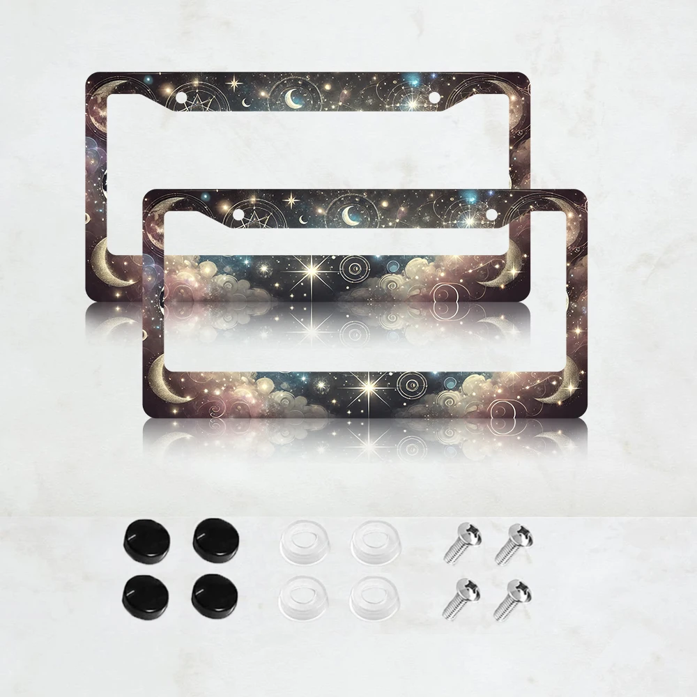 

2PC Moon Stars License Plate Frame Colorful Galaxy Moon Phase License Plate Funny Aluminum Auto Parts Beautiful License Plate