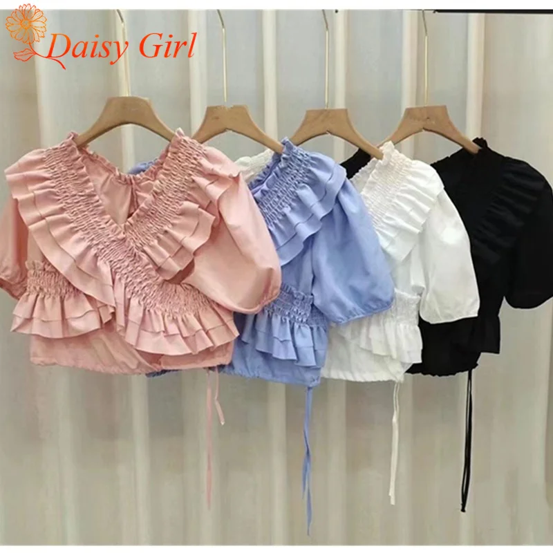 여름 얇은 달콤한 프릴 크로스 플리츠 시크 퍼프 슬리브 v 넥 쉬폰 셔츠 소녀의 귀 묶인 짧은 솔리드 컬러 탑
